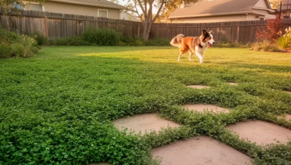 Dog playing on pet-friendly lawn alternative ground cover in US backyard