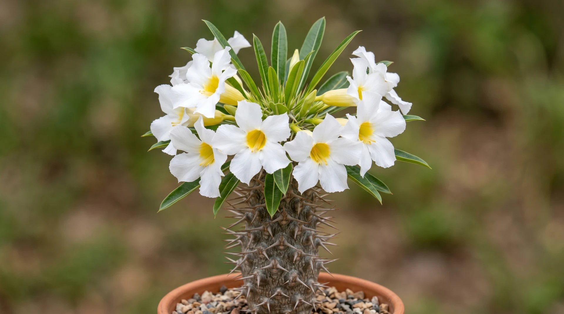 Pachypodium lamerei in bloom showing white flowers at the top of the spiny trunk