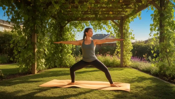 Woman practicing outdoor yoga in hot climate beneath vine-covered pergola in backyard