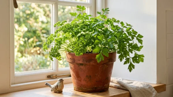 Parsley plant growing in a deep terracotta pot on a sunny indoor kitchen windowsill