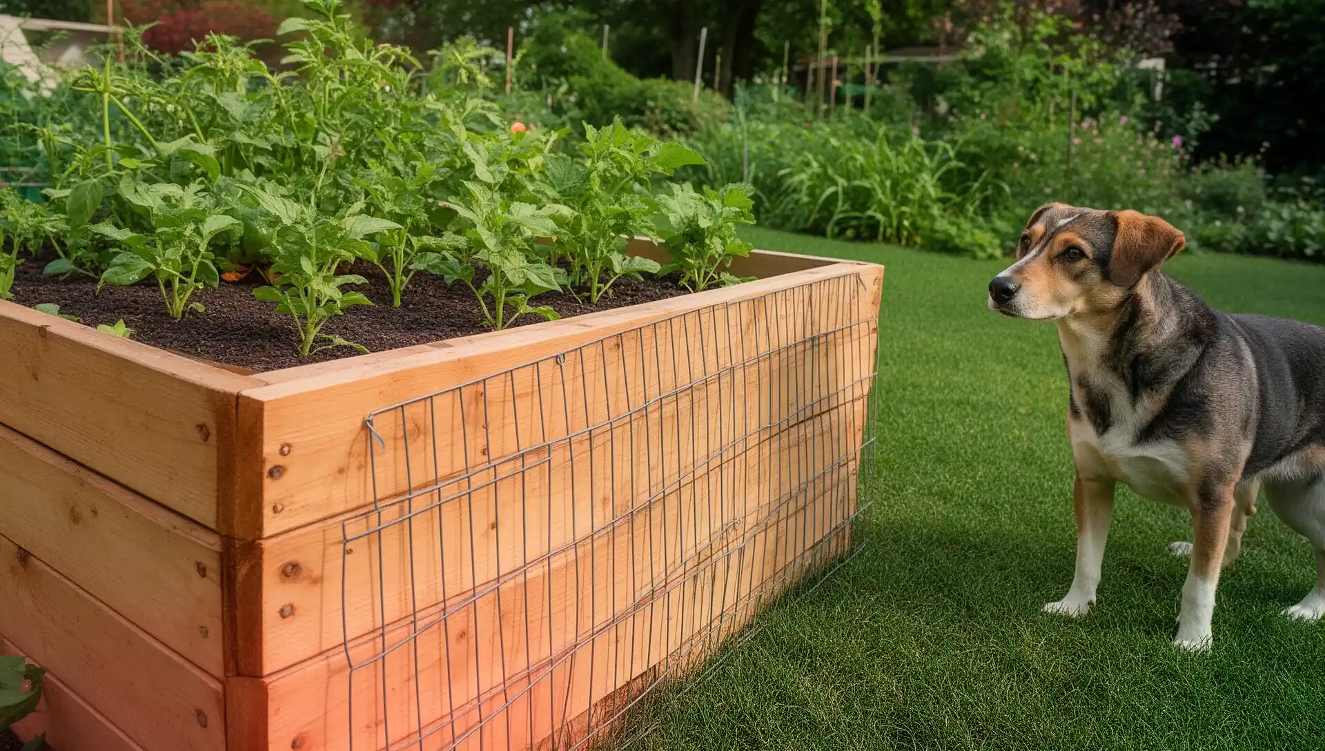 Dog looking at raised vegetable bed with perimeter fencing in backyard garden