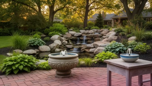 Backyard Noise Masking: Why Your Bubbling Urn Fails at 48 dB — and What the Pondless Waterfall Does Differently 10 Three backyard water features side by side: pondless waterfall, bubbling urn, and tabletop fountain for noise masking comparison