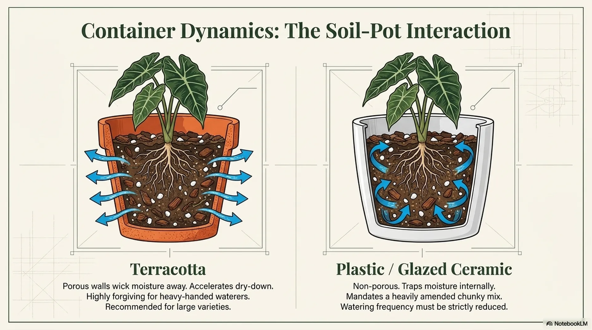 Terracotta versus plastic pot comparison for Alocasia showing moisture wicking and watering frequency differences