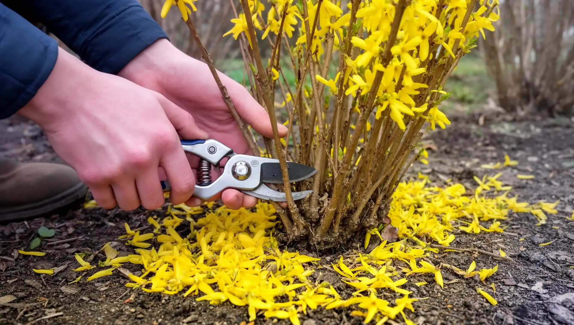 Forsythia Won't Bloom? The Wrong-Time Pruning Mistake Costs You a Full Year of Flowers 4 Gardener pruning forsythia canes at ground level immediately after spring flowering