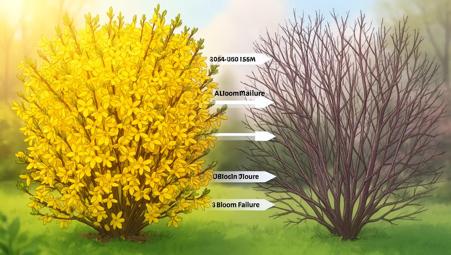 Forsythia Won't Bloom? The Wrong-Time Pruning Mistake Costs You a Full Year of Flowers 3 Diagram showing five causes of forsythia bloom failure ranked by frequency