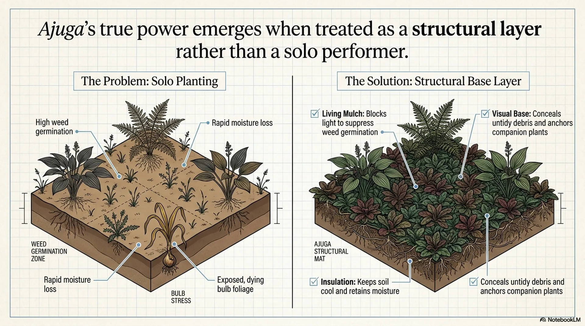 Ajuga Companion Plants: Ground Cover Pairings That Suppress Weeds and Add Spring Colour in Shade 22 Ajuga solo planting versus structural base layer comparison diagram showing weed suppression benefits