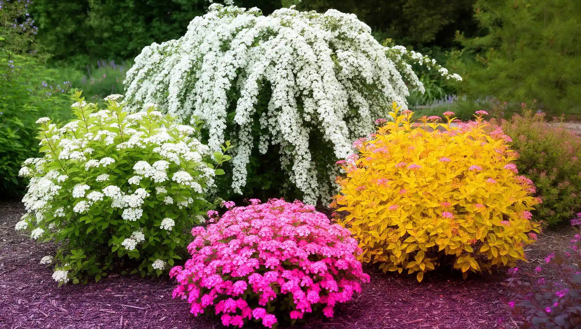 Goldflame, Anthony Waterer, or Bridal Wreath: How to Pick the Right Spirea for Your Garden Size and Style 4 Different spirea varieties showing variation in size from tall bridal wreath to compact mounded types