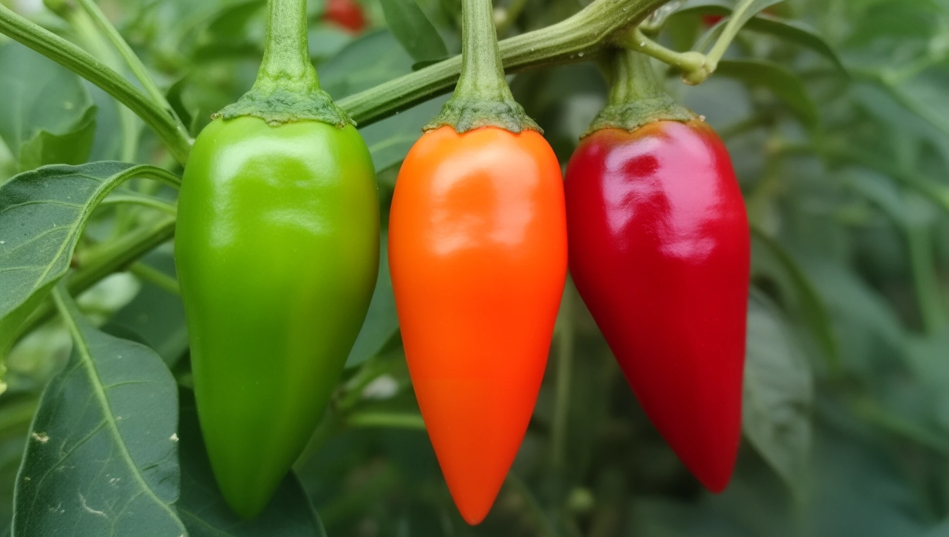 Fresno pepper fruits in green, orange, and red ripeness stages on the plant