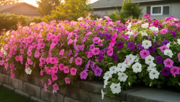 Petunias in full bloom in a zone 6 garden bed with pink, purple, and white flowers