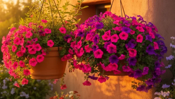 Zone 9 petunias thriving in hanging baskets and containers in a warm southern garden