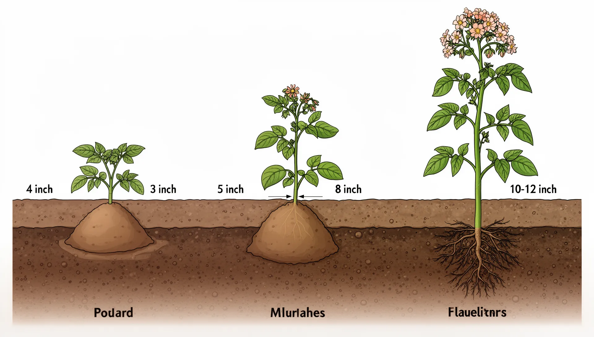 Three-stage potato hilling schedule diagram showing soil mound heights at each growth stage