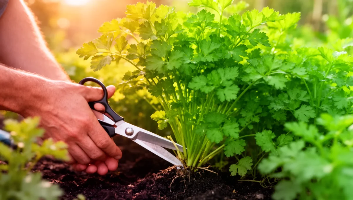 Gardener cutting outer parsley stems at the base with clean scissors in a garden