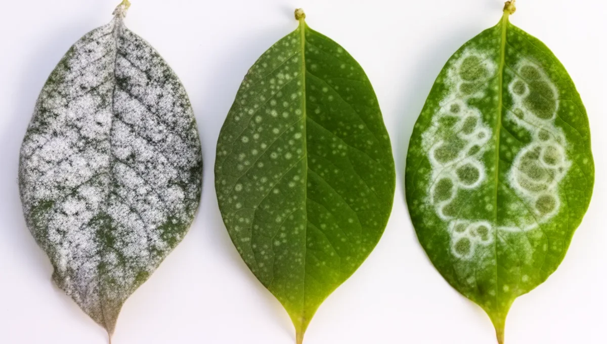 Three plant leaves showing white powdery mildew, spider mite stippling, and mineral water deposits side by side