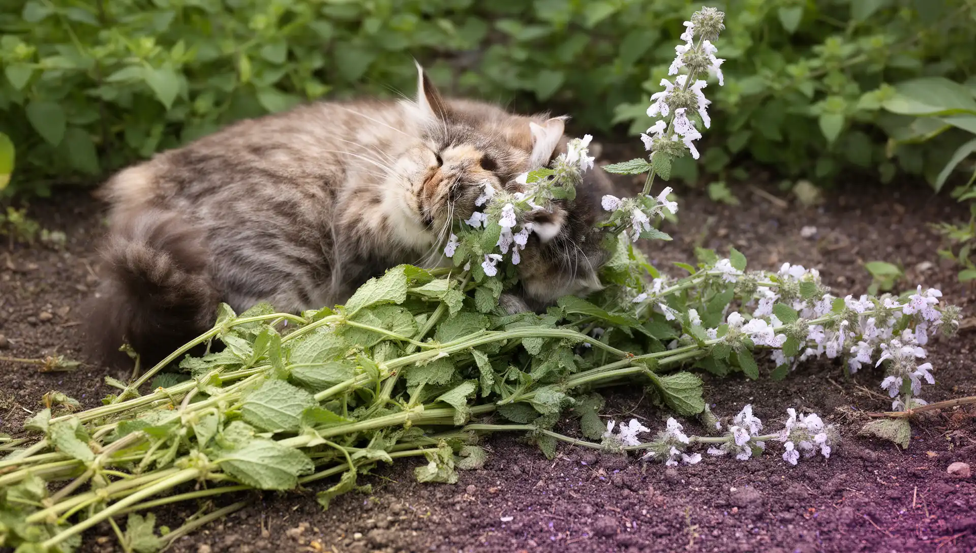 Catmint vs Catnip: The Nepetalactone Level That Makes Your Cat Lose It 6 A cat rolling in a ragged, flattened catnip plant showing shred and flop damage
