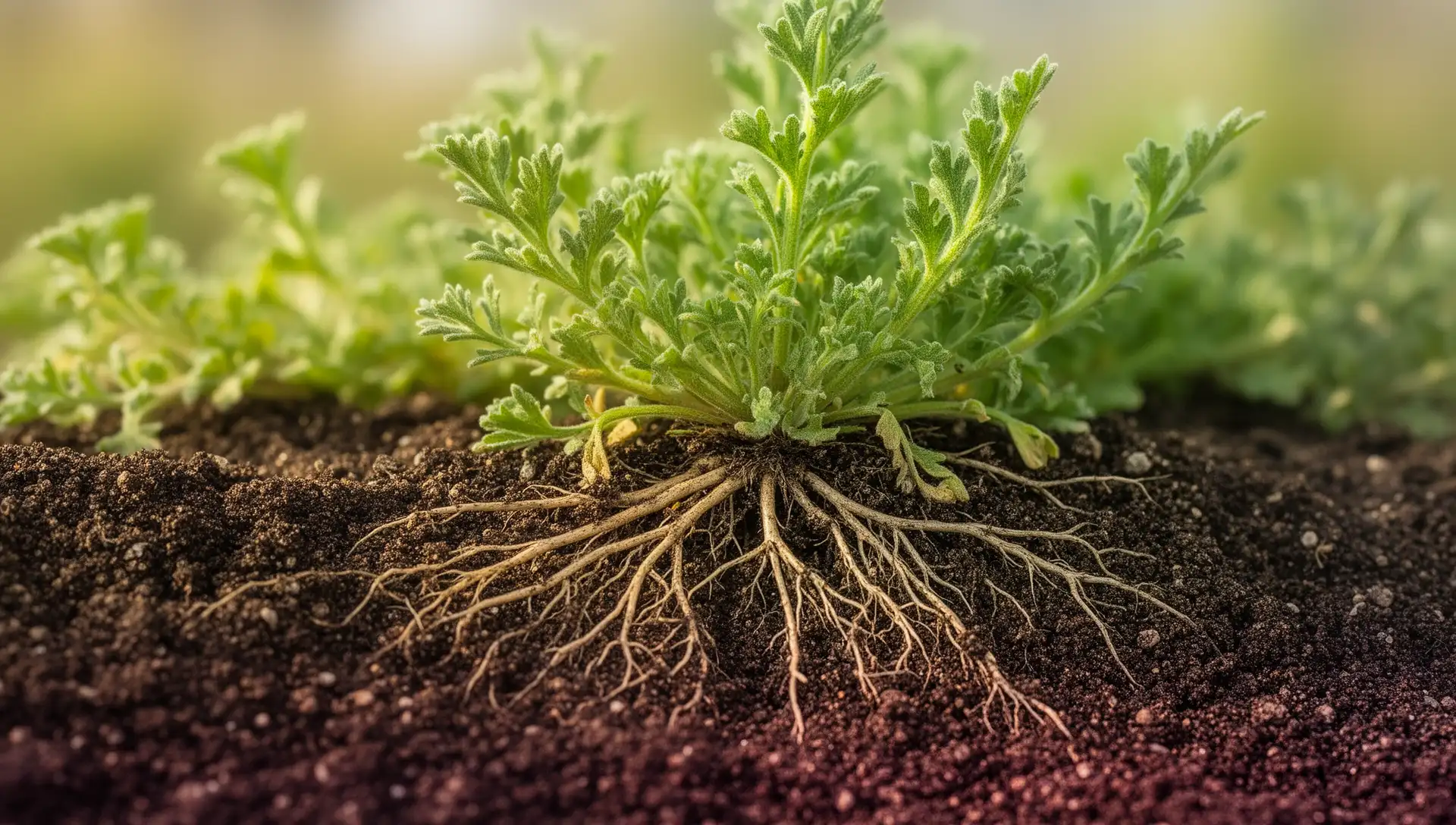 Close-up of a shallow, horizontally spreading fibrous root system lifted from thin soil