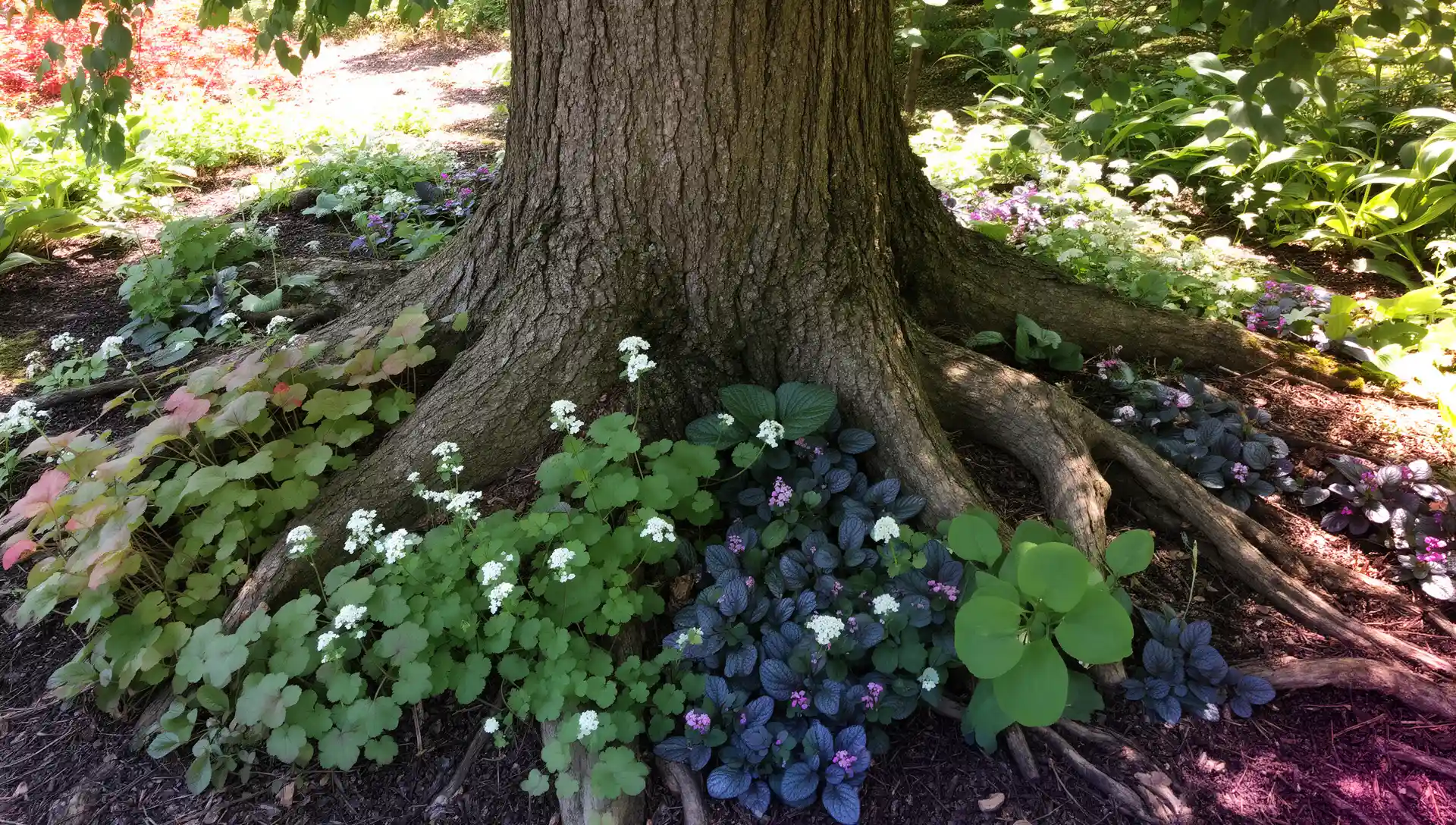 A shaded garden bed under a mature tree planted with coral bells, foamflower, and ajuga among surface tree roots