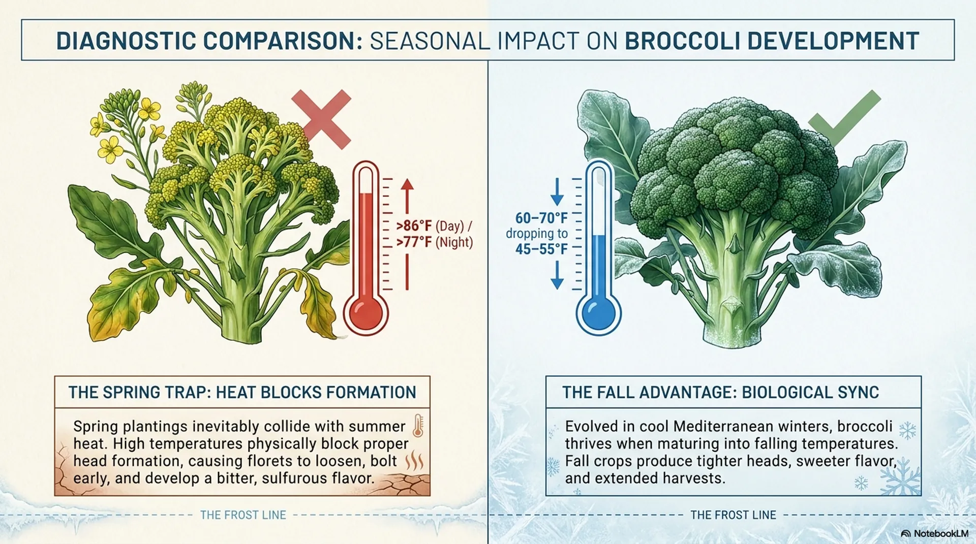 Fall Broccoli: Plant This Exact Date Range and Harvest Before the First Hard Freeze 7 Side-by-side diagnostic comparing bolted spring broccoli to a tight, well-formed fall broccoli head shape