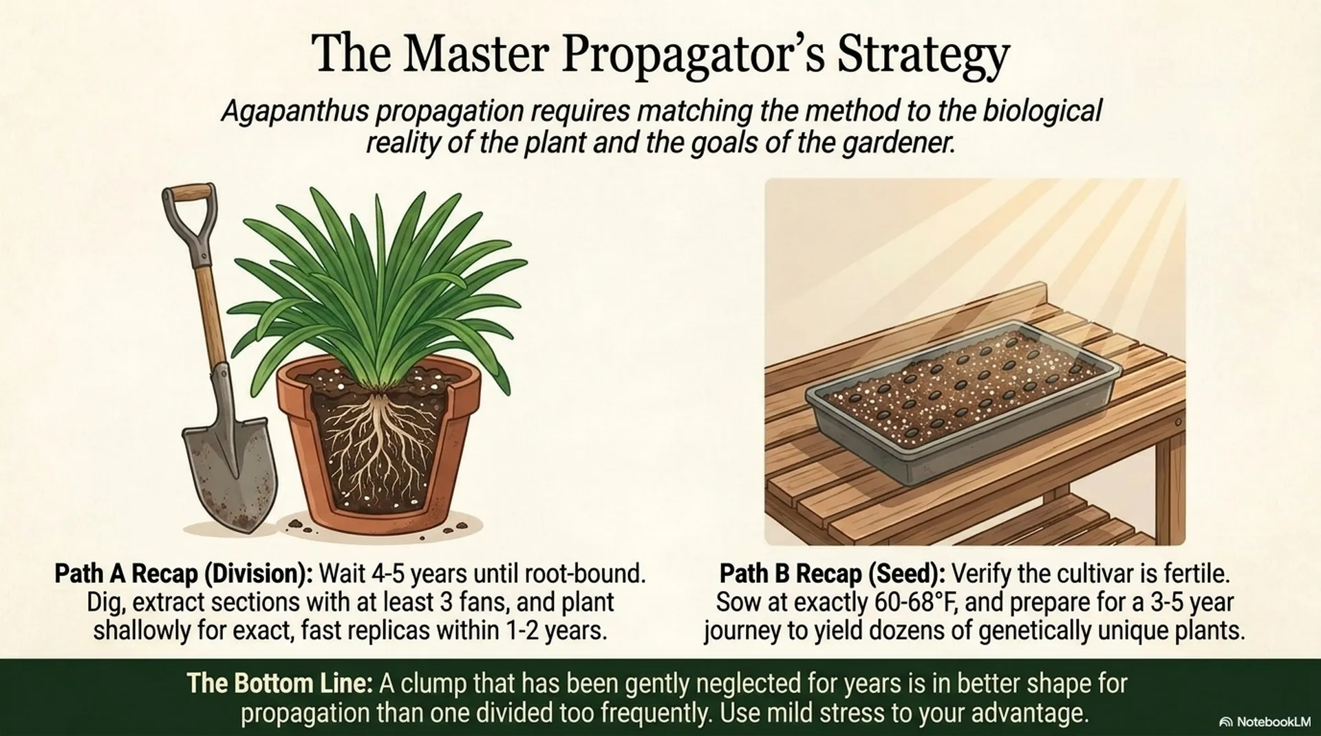 How to Propagate Agapanthus by Division (And Why Seeds Are Worth the 3-Year Wait) 16 Summary illustration recapping the division and seed propagation paths for Agapanthus side by side