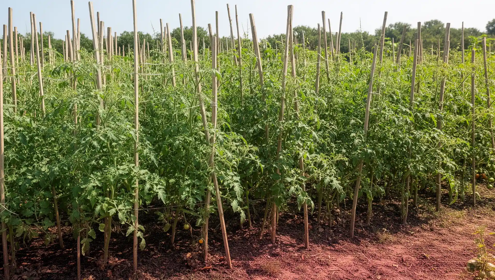 Row of staked, single-leader tomato plants in a home garden