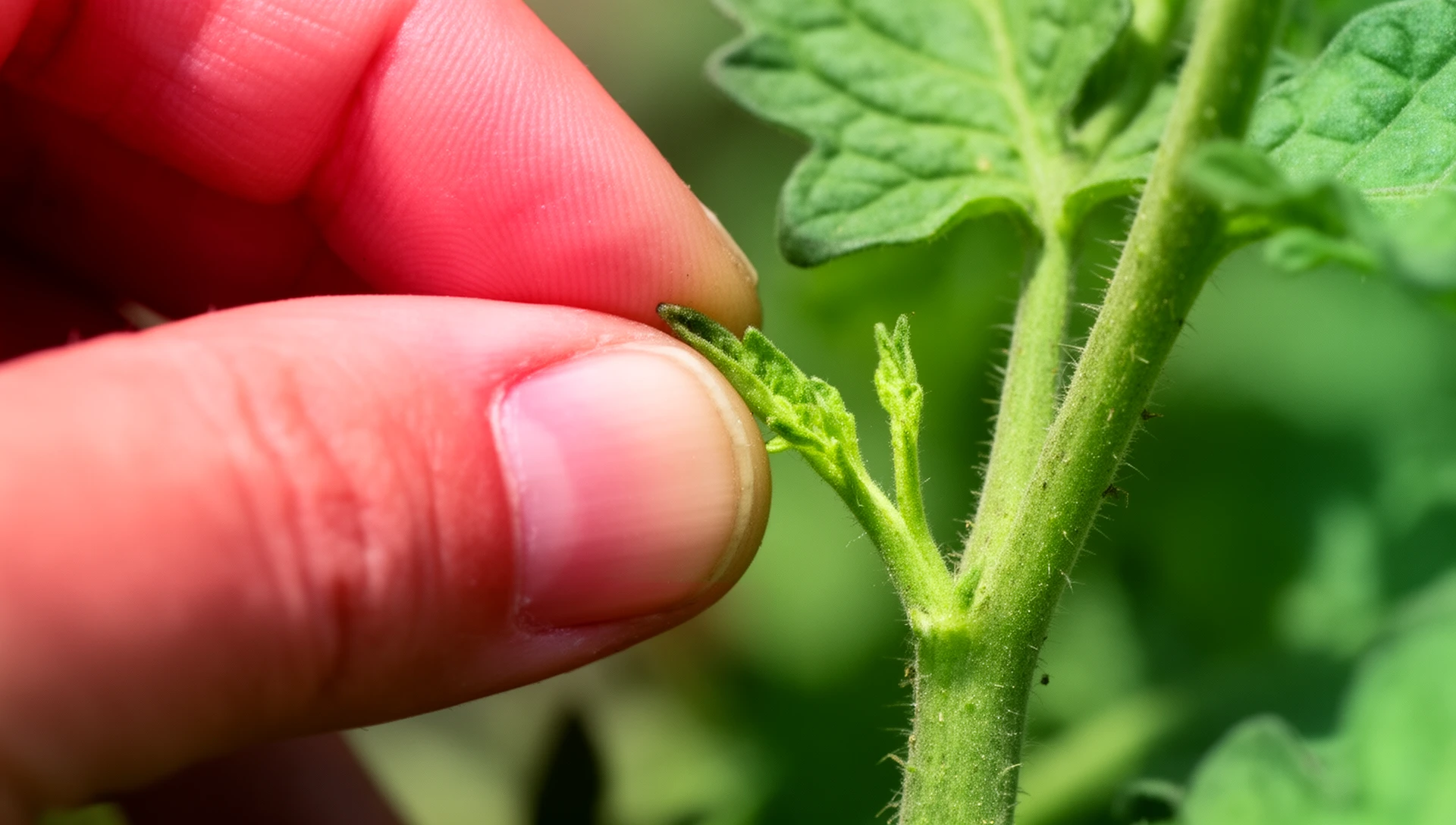Close-up of a tomato sucker being pinched off at the leaf axil