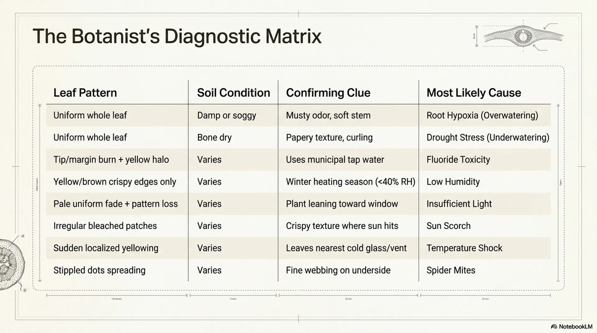 Calathea yellowing diagnostic table matching leaf pattern and soil condition to seven likely causes