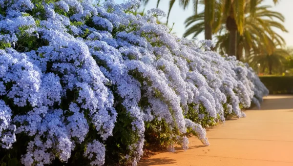 Blue plumbago hedge covered in sky-blue flower clusters along a sunny warm-climate driveway