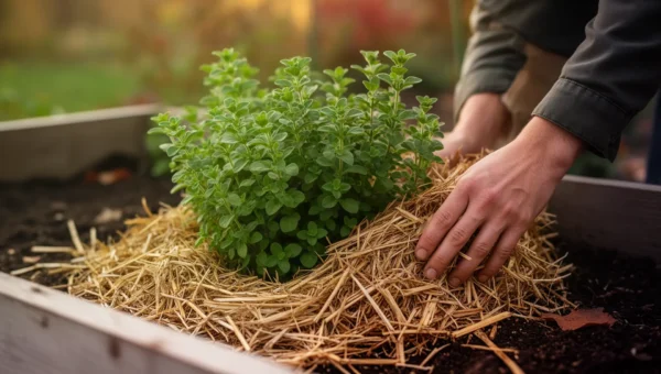 How to Overwinter Oregano: Why Some Varieties Survive Zone 5 Winters and Others Need to Come Inside 12 Gardener mulching an oregano plant for winter protection in a garden bed