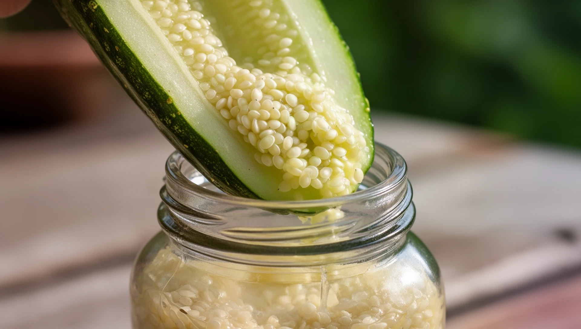 Close-up of cucumber seeds and pulp scooped into a glass jar for fermentation
