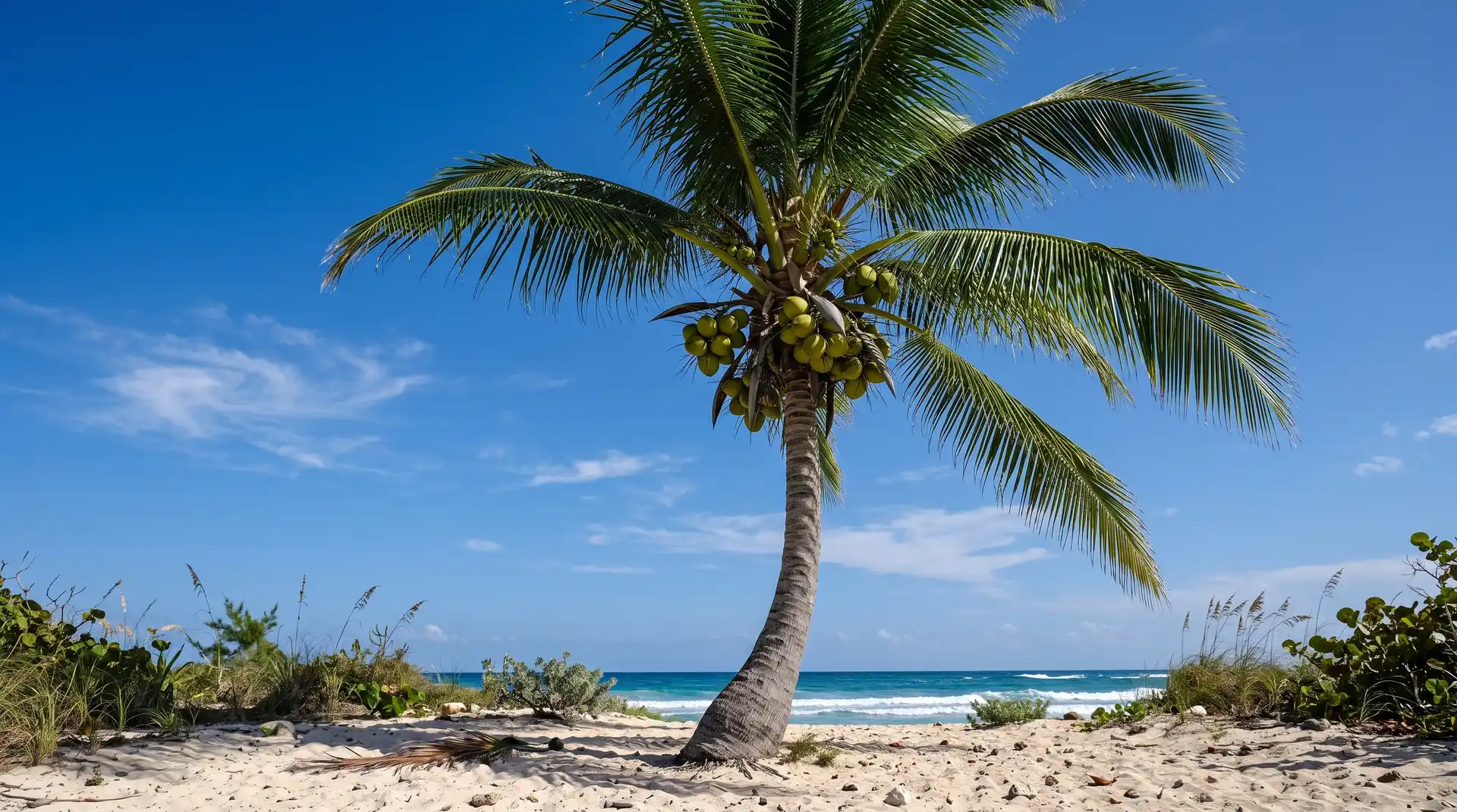 How to Grow a Coconut Palm: 3 to 6 Months to Sprout, a One-Year Food Reserve That Can Mask a Low-Light Pot Palm, and Why UF/IFAS Stops at Zone 10b 4 Mature coconut palm with a cluster of green nuts under the crown against a blue sky above a sandy beach