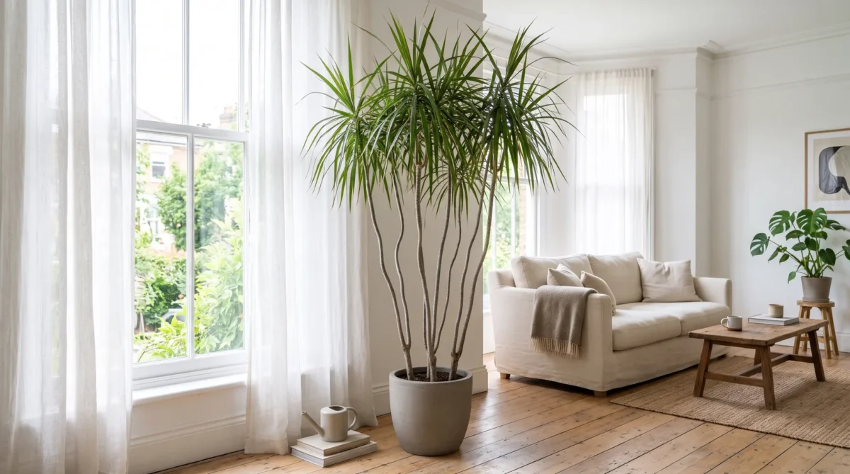 Tall Dracaena marginata with thin red-edged leaves on bare curving canes in a bright living room