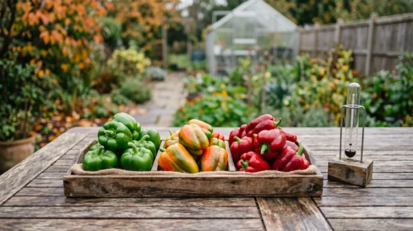 Peppers Before the First Freeze: What to Pick Now, What Can Wait, and Which Green Ones Will Still Ripen 5 Tray of green, breaker-stage and red peppers sorted on a table beside a thermometer before the first freeze