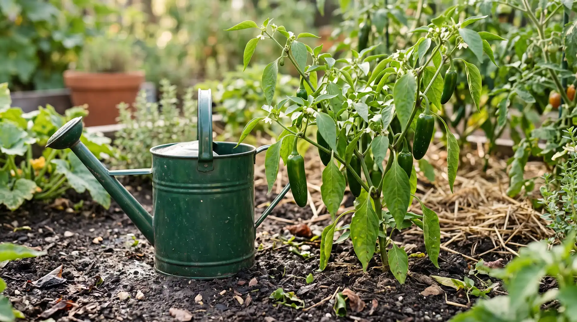 Jalapeño Peppers: Cutting Water Lowered Heat in a California Trial, and Corking Doesn't Predict It 3 Green watering can beside a jalapeño plant in a vegetable bed