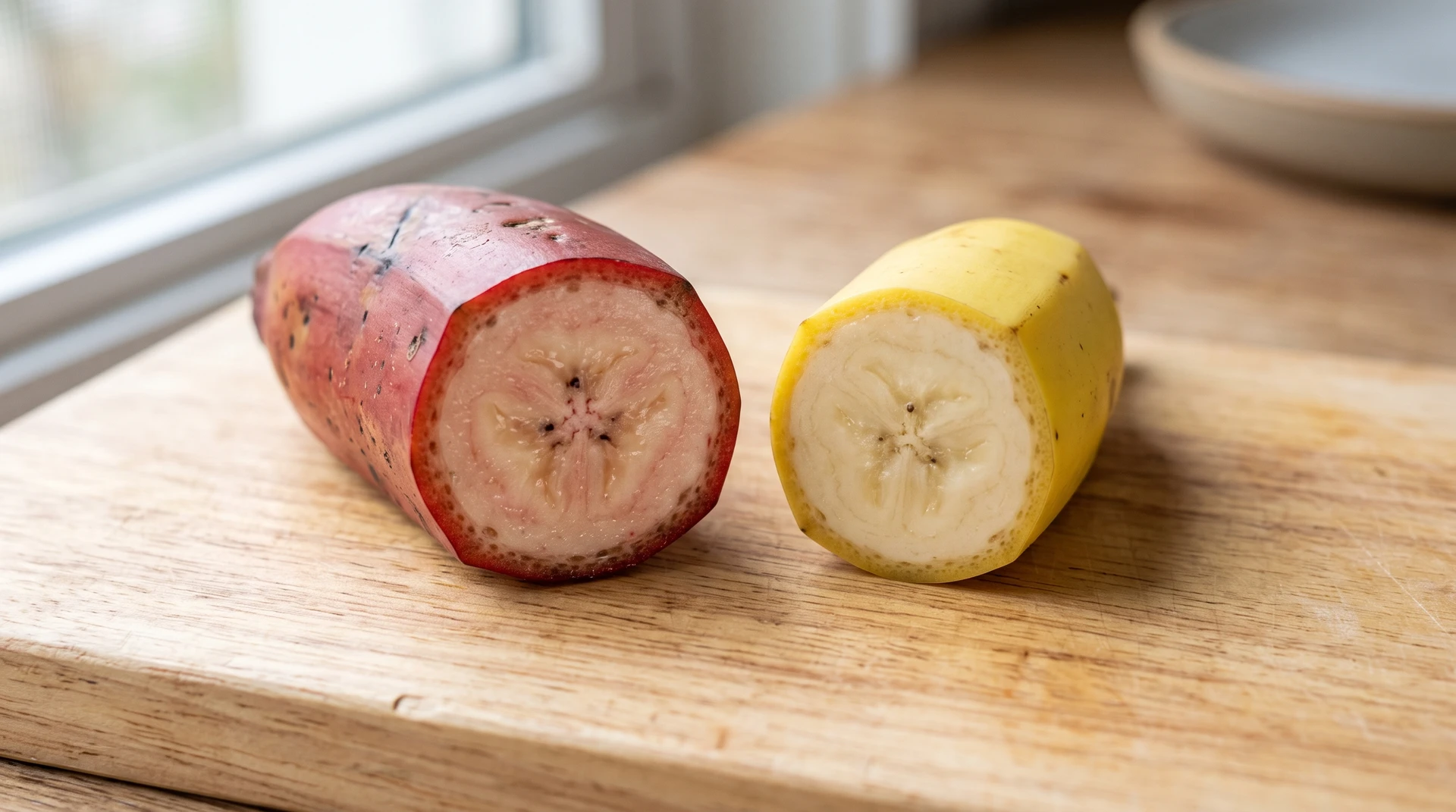 Cut red banana with creamy pink flesh beside a cut yellow Cavendish banana
